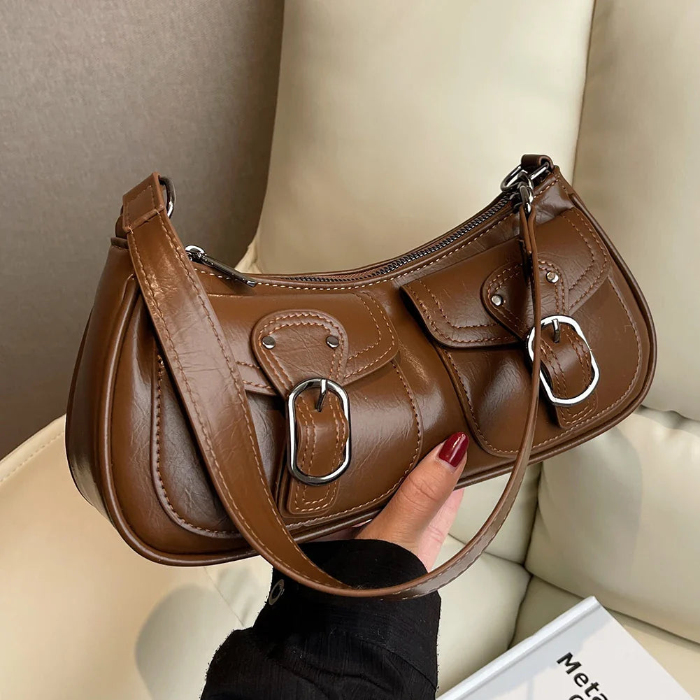 Women Vintage Double Pockets Shoulder Bag | Leather Bag Coffee