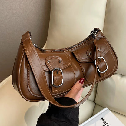 Women Vintage Double Pockets Shoulder Bag | Leather Bag Coffee
