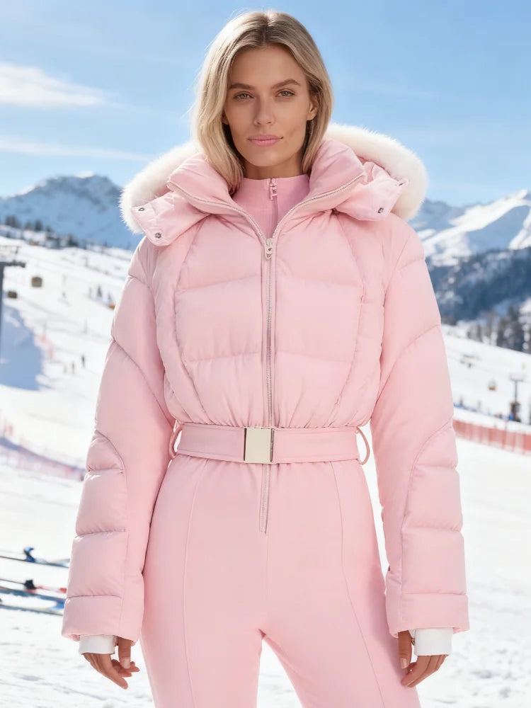 Women Pink Ski Wear Jumpsuit | Long Sleeve | Hoodie | Wide Leg Jumpsuit | Winter | Thick | Warm