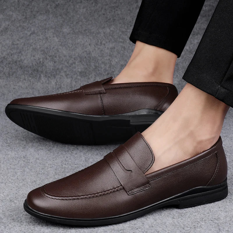 Men Plain Round Toe Leather Loafers | Leather Shoes Brown