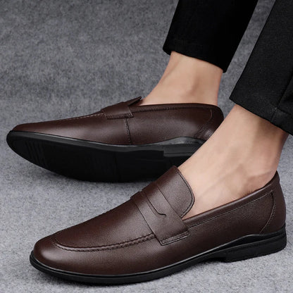 Men Plain Round Toe Leather Loafers | Leather Shoes Brown