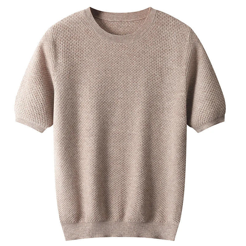Men Short Sleeves Wool Sweater | Wool Solid Color T-Neck Pullover camel