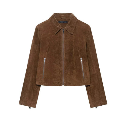 Women Short Suede Jacket | Long Sleeve | Fall | Casual Vintage Jacket Brown