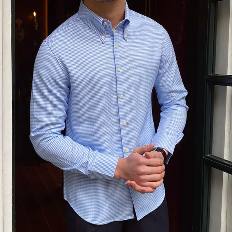 Men British Slim Shirt | Office Tuxedo Shirt | Business | Lattice Shirt | Cuban Collar | Long Sleeve Shirt
