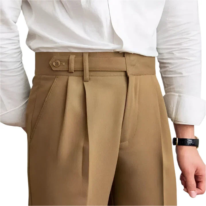 Men Vintage High Waisted Pleated Pants Dark Khaki