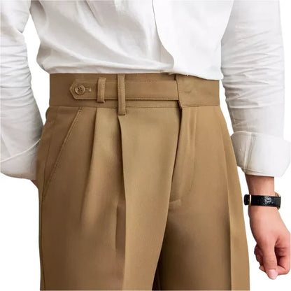 Men Vintage High Waisted Pleated Pants Dark Khaki