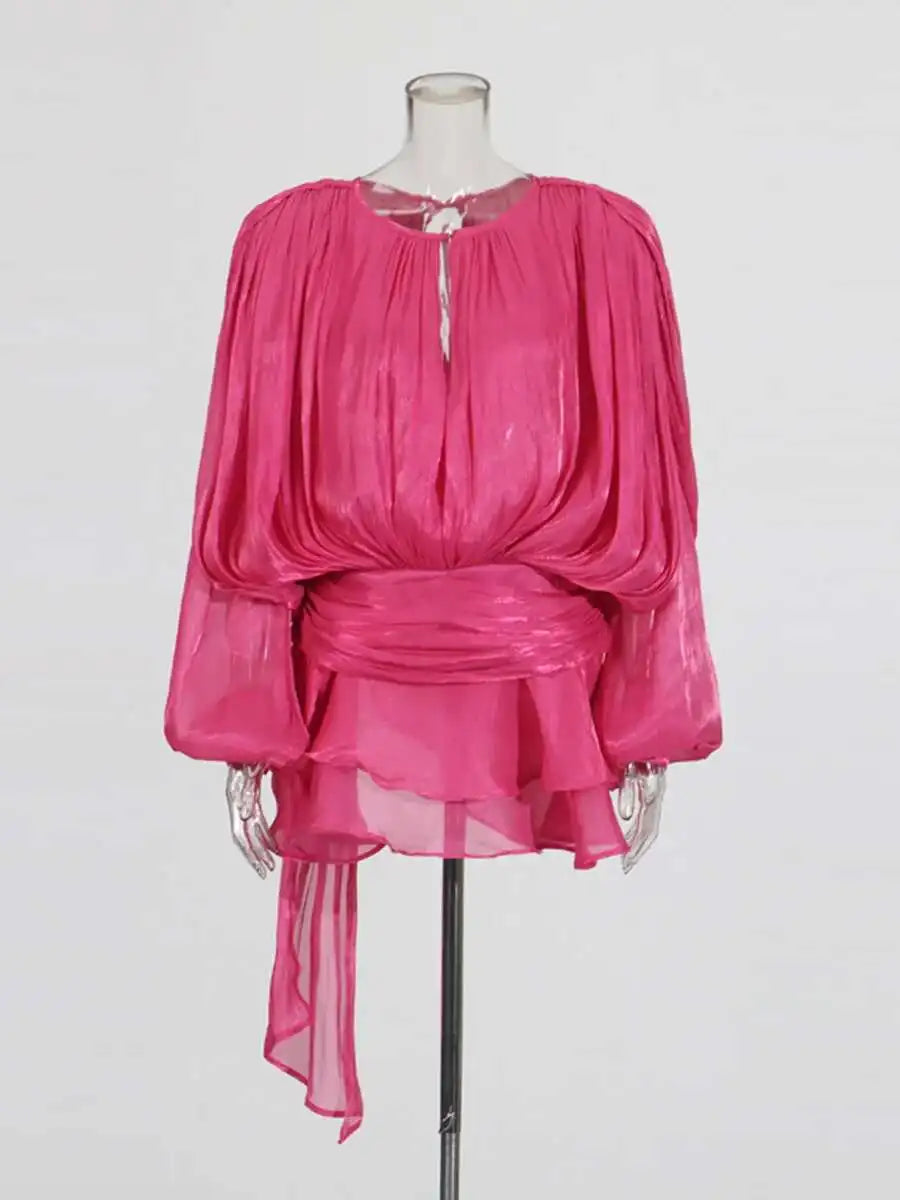 Women Flowy Mini Dress | V Neck | Long Sleeve | Spliced | Lace Up | Blouse Dress Rose