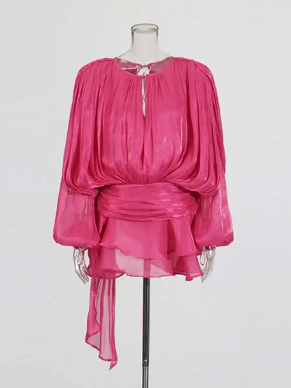 Women Flowy Mini Dress | V Neck | Long Sleeve | Spliced | Lace Up | Blouse Dress Rose