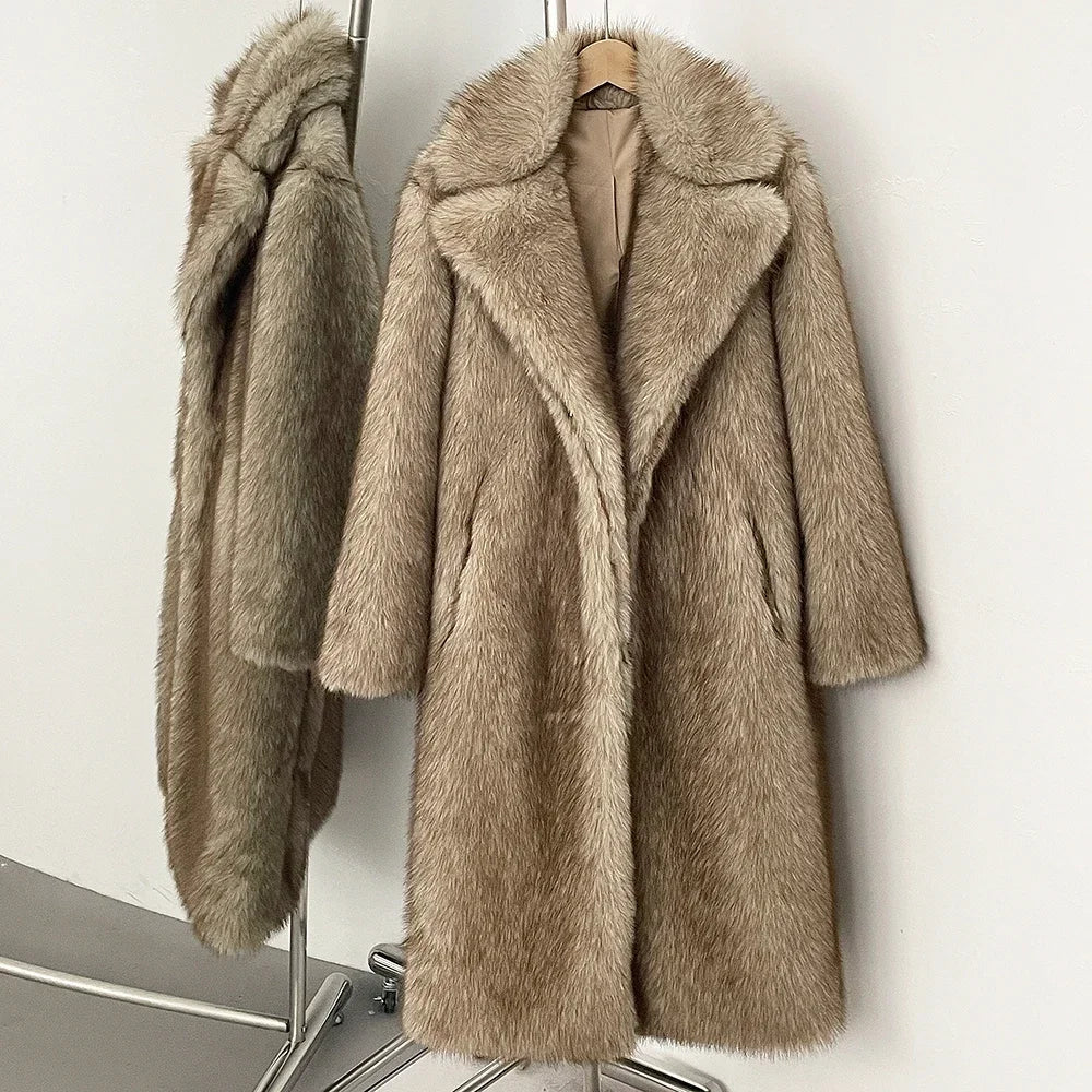 Women Long Fur Coat | Long Jacket | European Style | Lapel Fur Coat | Loose | Winter Coat | Long Coat Dark Beige