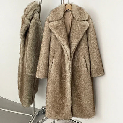 Women Long Fur Coat | Long Jacket | European Style | Lapel Fur Coat | Loose | Winter Coat | Long Coat Dark Beige