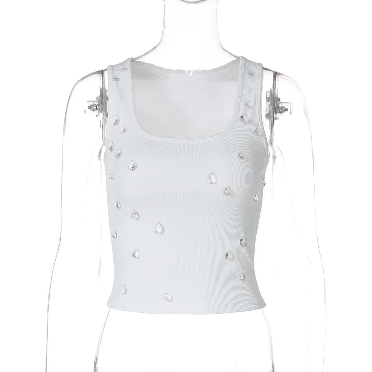Women Summer Bling Beading Tank Top | Sleeveless Short Cami Tee White