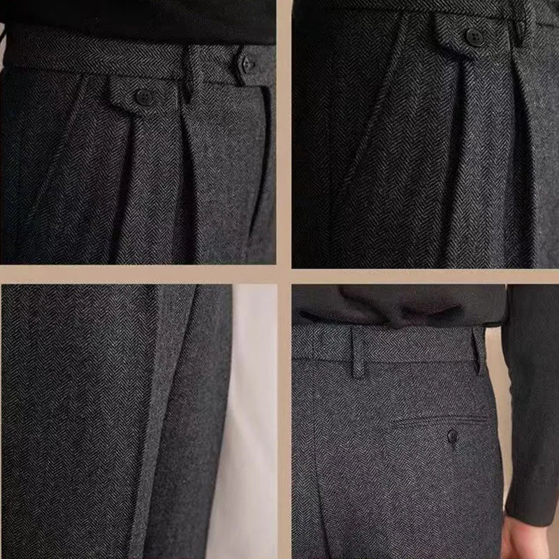 Men High-Waisted Woolen Pants | Herringbone | Italian Vintage Pants | Suit Pants | Warm | Straight Fit