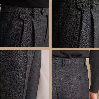 Men High-Waisted Woolen Pants | Herringbone | Italian Vintage Pants | Suit Pants | Warm | Straight Fit