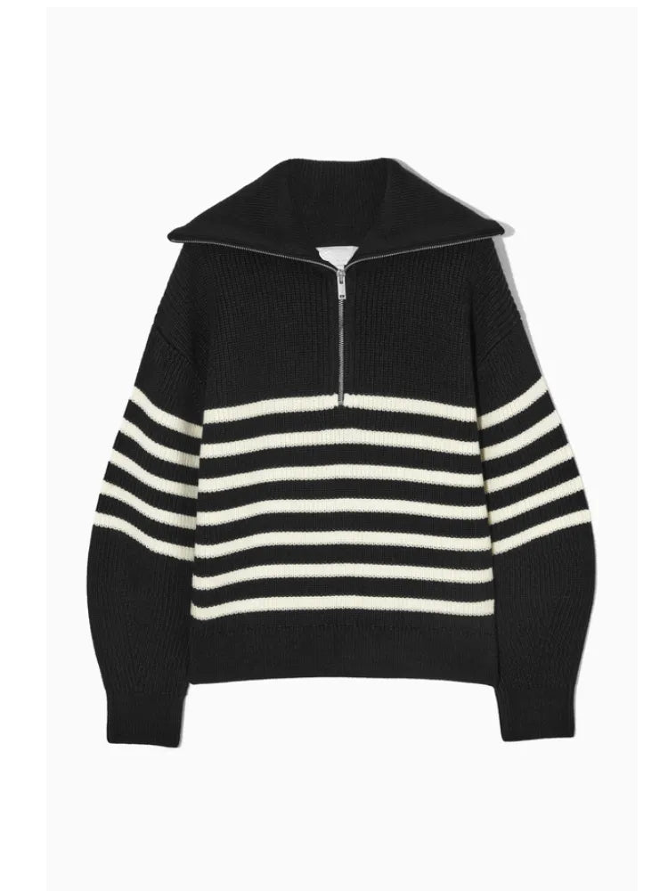 Women Classic Quarter Zip Pullover | Striped Turtleneck Sweater black