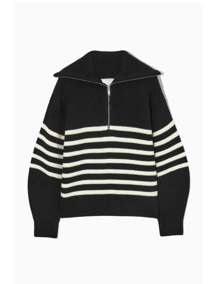 Women Classic Quarter Zip Pullover | Striped Turtleneck Sweater black