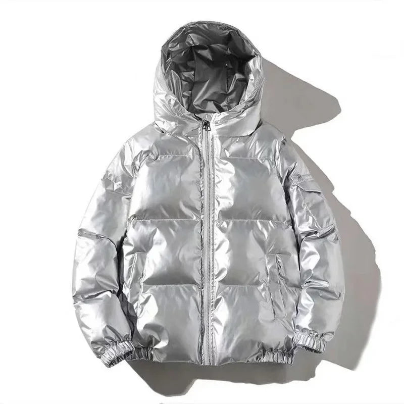 Unisex Metallic Warm Winter Jacket | Thick Waterproof Puffer Jacket | Windproof Jacket Hooded Silver