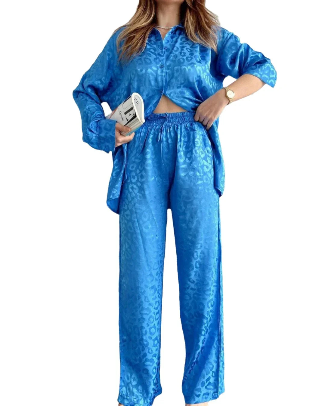 Women Satin Shirt and Wide Leg Trousers Suit | 2 Piece Leopard Print Set | Pajamas Set