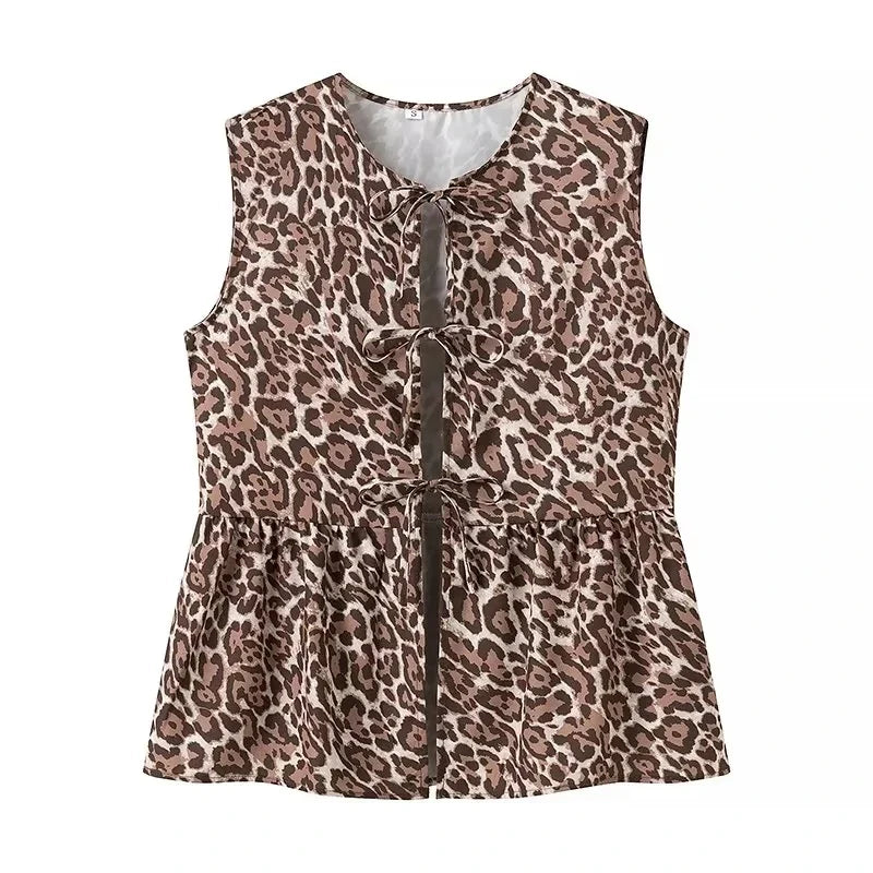 Women Leopard Print Vacation Two-Piece Set | High Waist Wide Leg Pants | Cut Out Bowknot Sleeveless Vest Top leopard vest