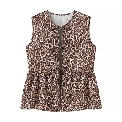 Women Leopard Print Vacation Two-Piece Set | High Waist Wide Leg Pants | Cut Out Bowknot Sleeveless Vest Top leopard vest