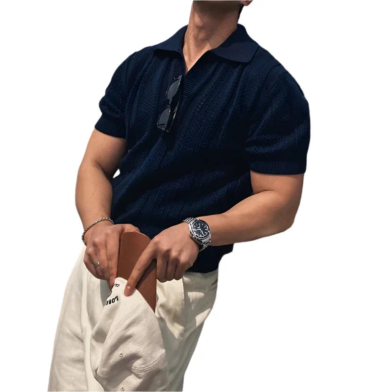 Men Knitted Polo Shirt | Hollow Out Knit | Short Sleeve Mesh Polo Dark Blue