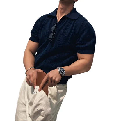 Men Knitted Polo Shirt | Hollow Out Knit | Short Sleeve Mesh Polo Dark Blue