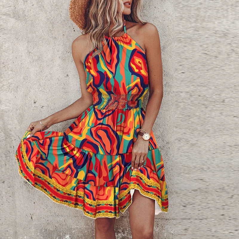 Sutton | Women's Asymmetric Backless Flowy Printed Mini Dress