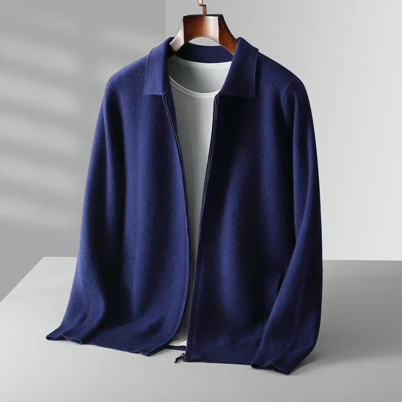 Men Cashmere Collared Cardigan | Knitted Loose Outerwear | Pure Wool Casual Coat dark blue