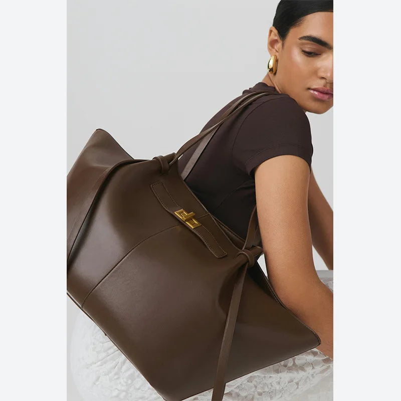 Women Large-Capacity Hand Bag | Metal Lock | Tote Bag | Shoulder Bag Brown