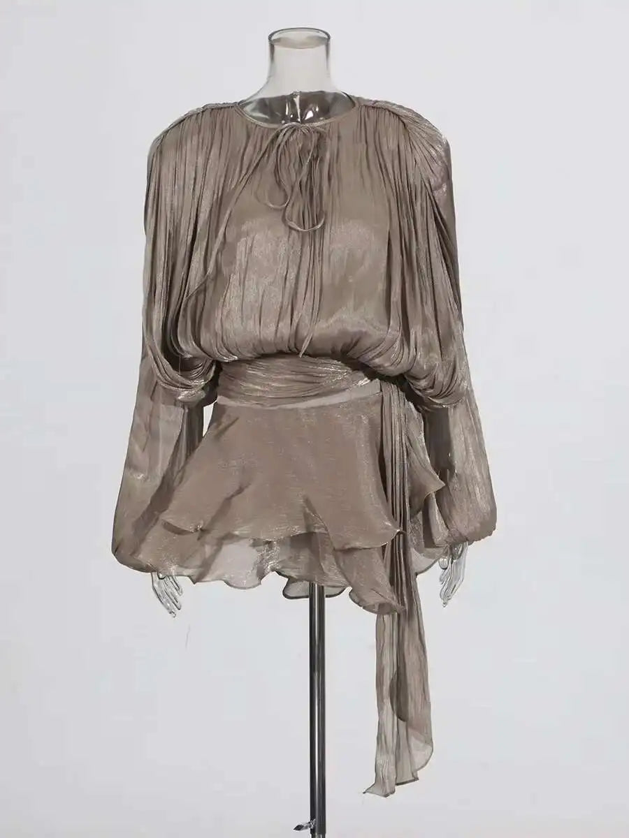Women Flowy Mini Dress | V Neck | Long Sleeve | Spliced | Lace Up | Blouse Dress Brown