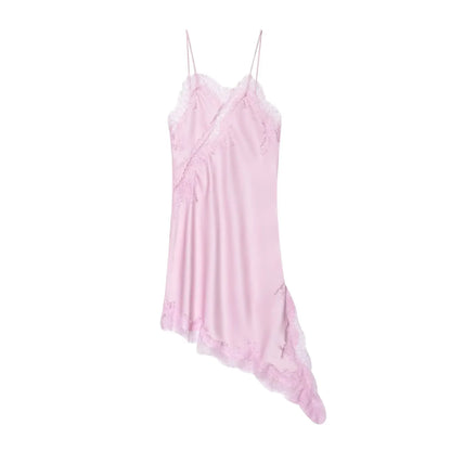 Women Satin Short Sling Dress | Sleeveless | Backless | Asymmetric Party Dress | Summer pink