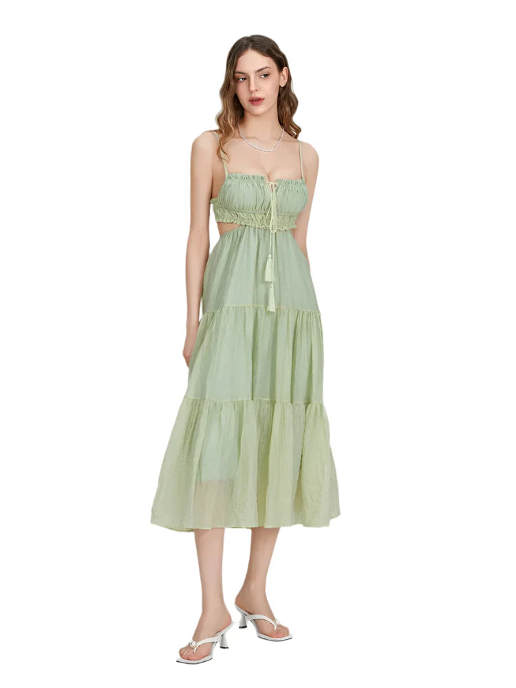 Women Summer Flowy Long Dress | Spaghetti Strap Backless Ruffled A-line Dress | Bohemian Holiday Sundress green
