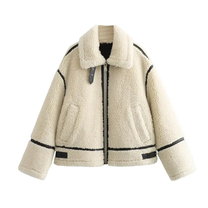 Women White Sherpa Fleece Jacket | Motorcycle Jacket Coat Beige