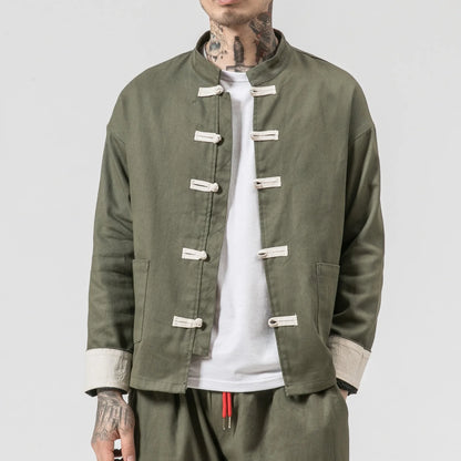 Men Tang Suit Jacket | Linen Top | Long Sleeve Green Top