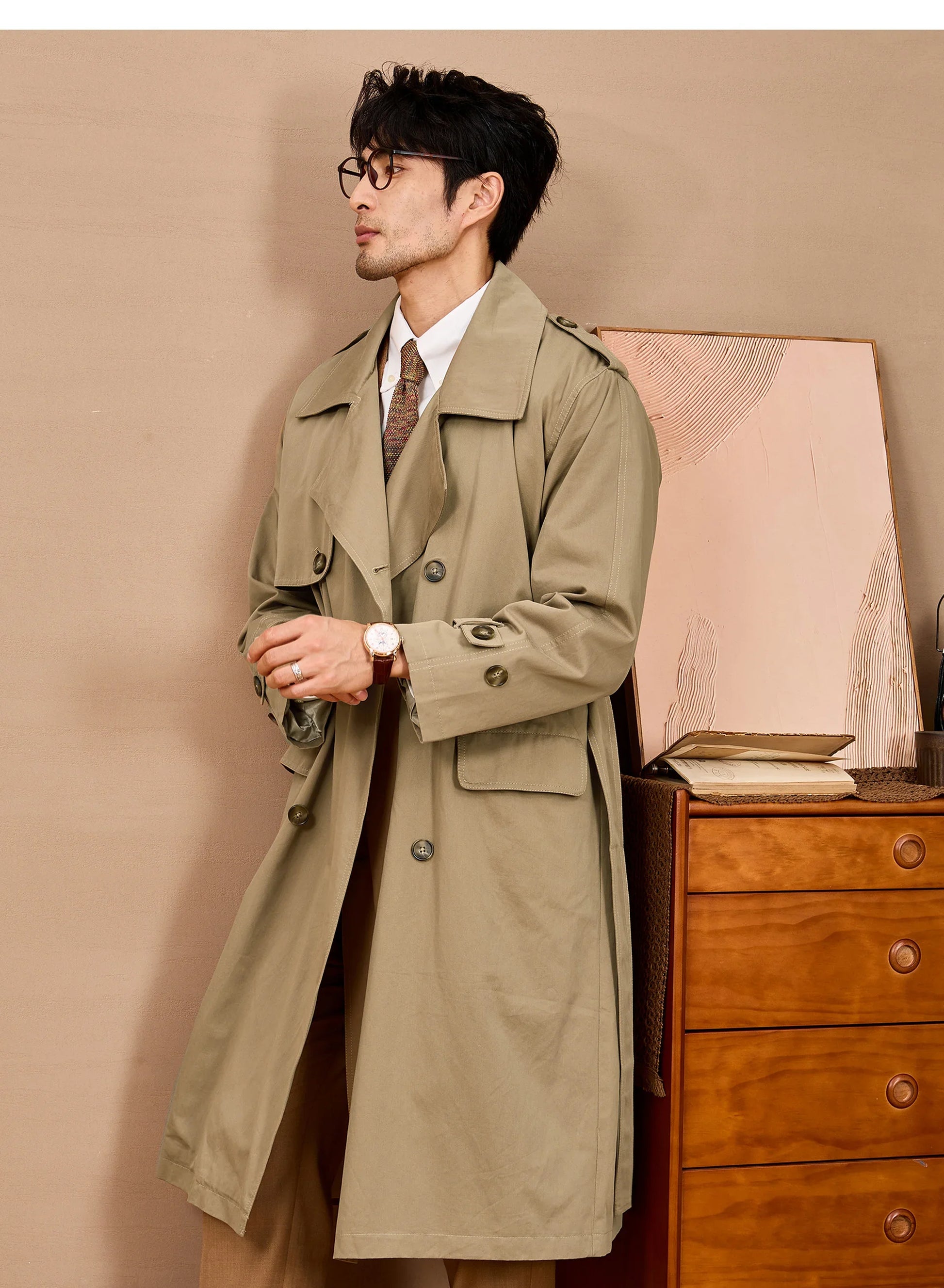 Men Long Trench Coat | Double Breasted | British Style | Spring | Autumn