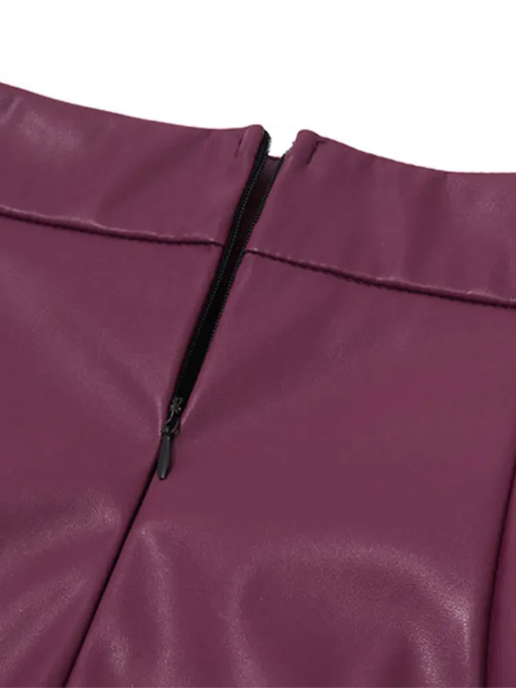 Women Burgundy Leather Long Skirt