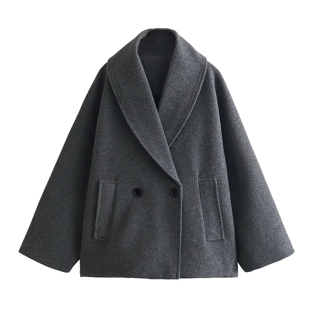 Women Dark Gray Blended Loose Short Coat Dark Grey