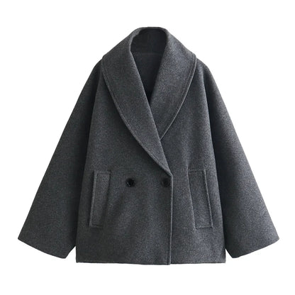Women Dark Gray Blended Loose Short Coat Dark Grey