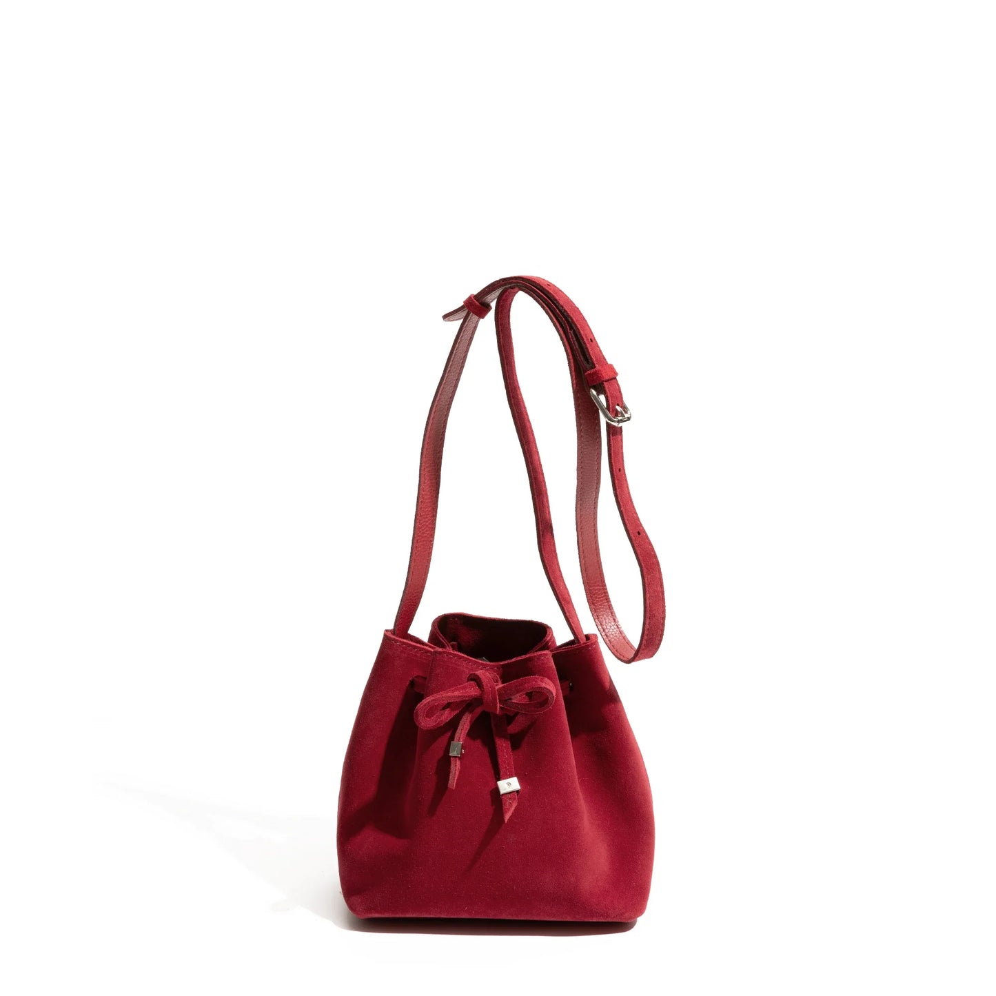Women Suede Bucket Bag | Pleated Drawstring Bag red