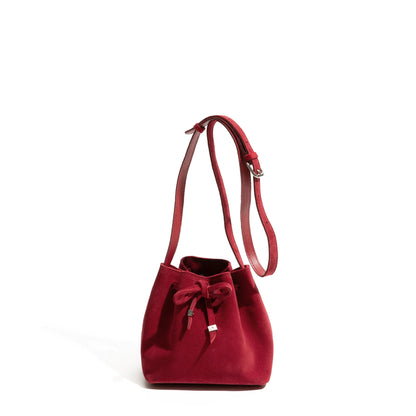 Women Suede Bucket Bag | Pleated Drawstring Bag red
