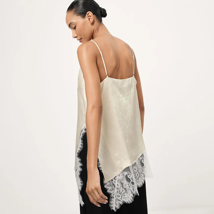 Women Elegant Satin Spaghetti Strap Camisole | Lace Split Vest | Casual Silk Top | Summer
