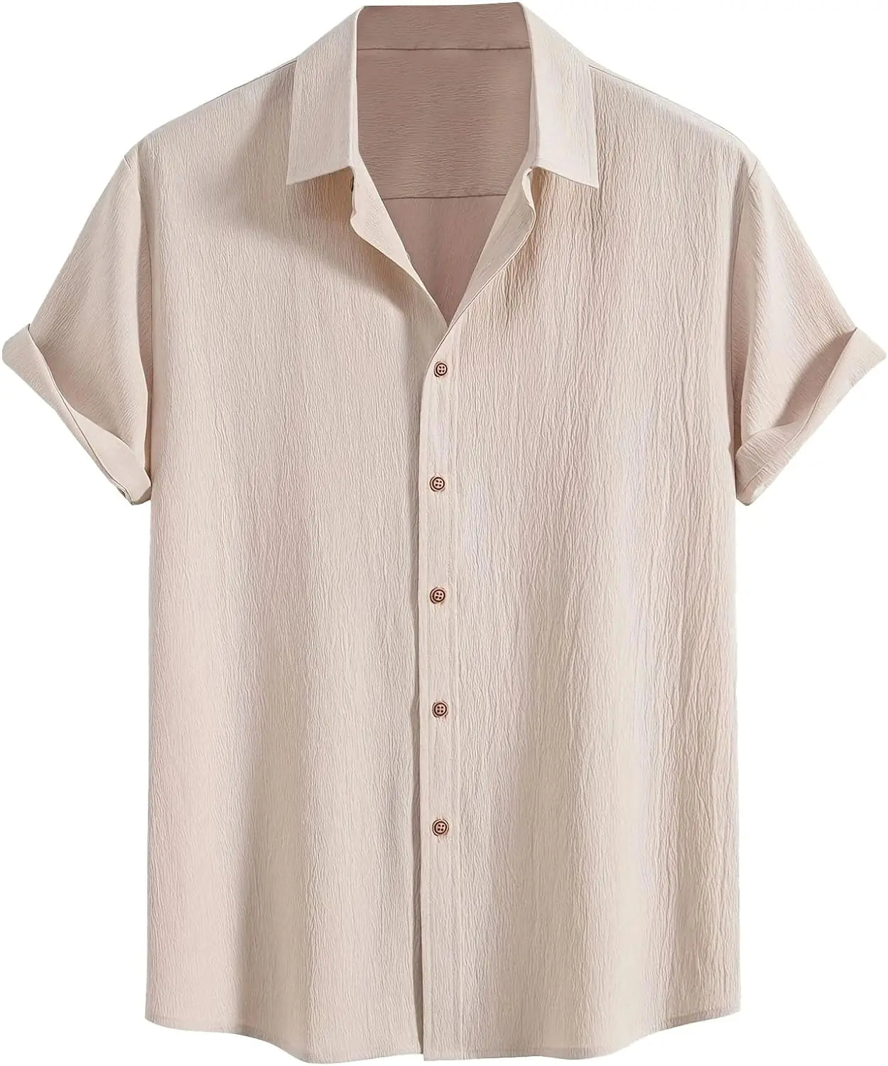 Men Cotton Wrinkle Textured Button Down Shirt | Casual Beach Hawaiian Summer Shirt Light Khaki