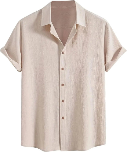 Men Cotton Wrinkle Textured Button Down Shirt | Casual Beach Hawaiian Summer Shirt Light Khaki