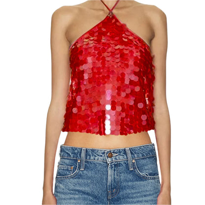 Women Sequin Halter Top | Tank Top | Glitter Tie-Up Vest | Backless Cami Top | Party Red