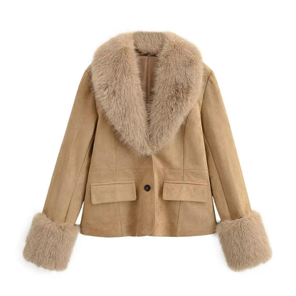 Women Suede Fur Collar Coat | Long Sleeve | V-Neck | Warm | Slim Fit Jacket | Winter | Party | Streetwear Fawn