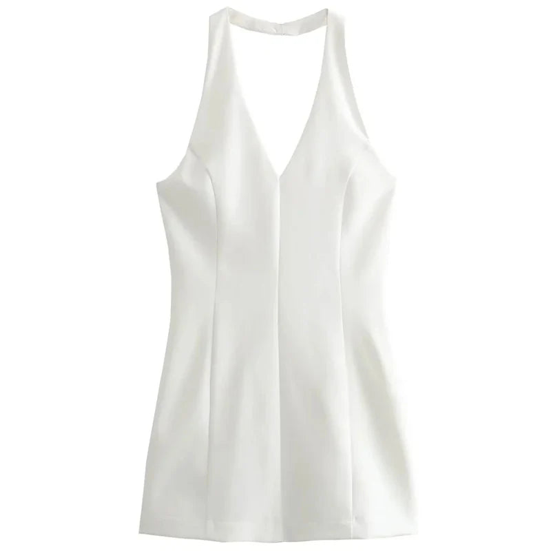 Women Mini Halter Dress | Summer Dress | Backless Slim-Fit V-Neck Short Dress White