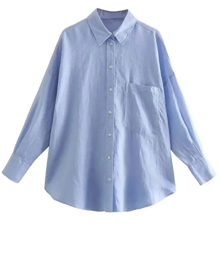 Women Vintage Oversized Linen Button Up Shirt | Chic Long Sleeves Blouse Top Light Blue