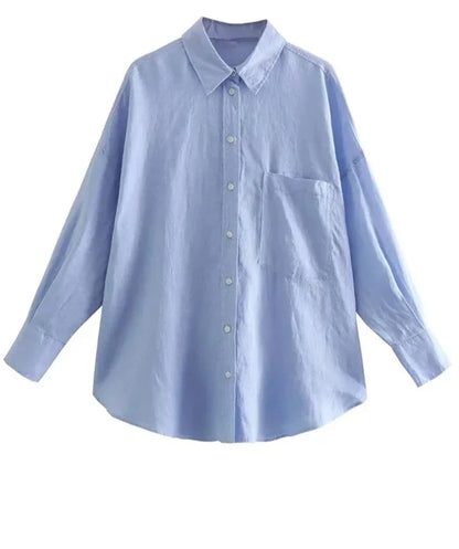 Women Vintage Oversized Linen Button Up Shirt | Chic Long Sleeves Blouse Top Light Blue