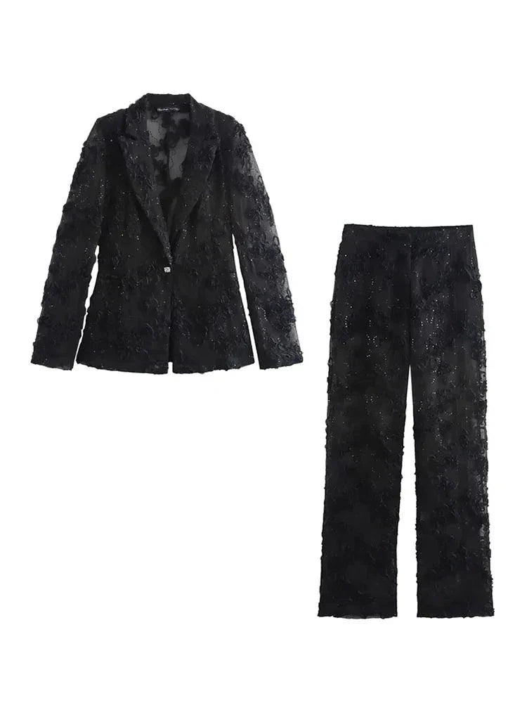 Women Semi Transparent Party Wear Suit Set | Sequin Decorative 2 Piece Blazer Top Set Set