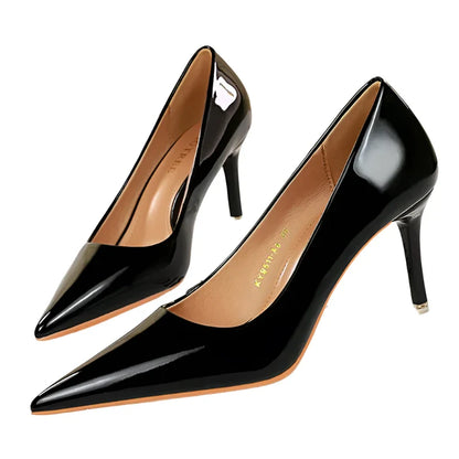 Women Short Heels | Classic Scarpins | Pumps | Metallic Leather | Low Heels Stiletto Black