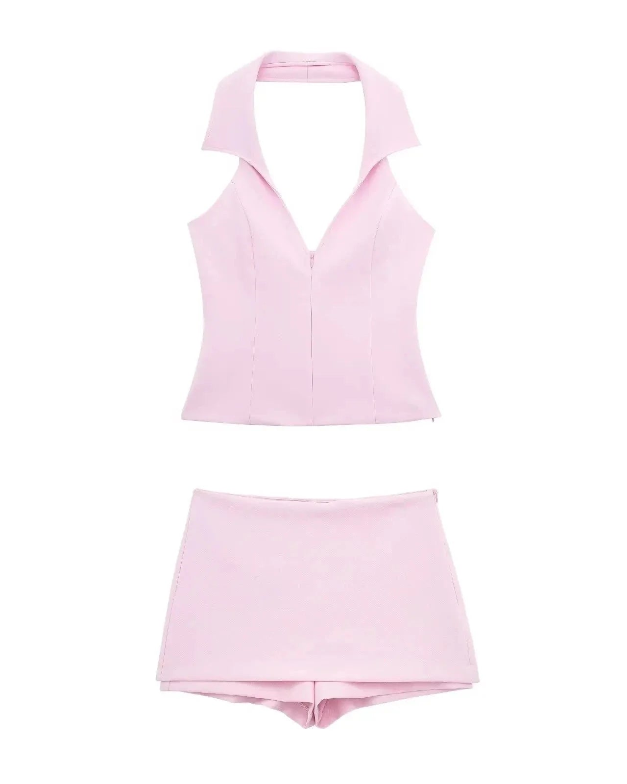 Women Pink 2 Piece Set | V-Neck Backless Top | High Waist Mini Skirt Shorts Pink Set